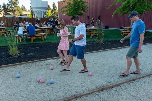 Side-by-side bocci ball courts are some of the garden-style games and environment at Bend's GoodLife Brewing.