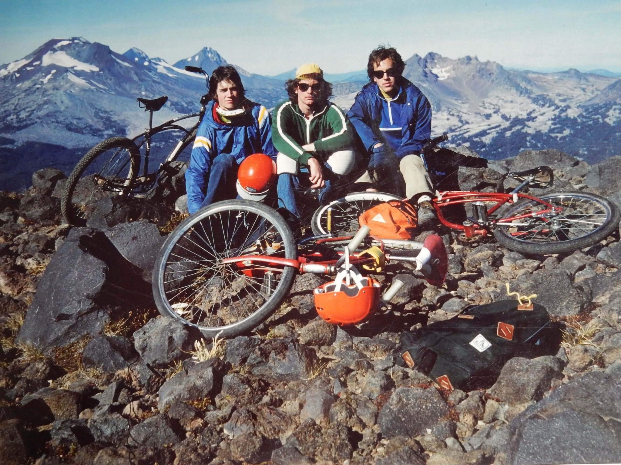 Tim Boyle, Don Ipock and Gary Bonacker sit on the summit of Mt. Bachelor in 1976 with their “Klunker” bikes, an early, one-speed version of a mountain bike.