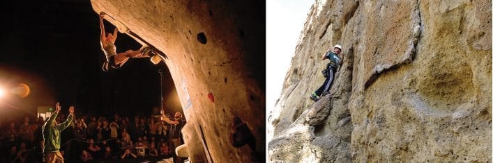 Bend Endurance Academy athlete Leah Pfeiffer tackles a technical overhang during a Boulder Bash competition at the Bend Rock Gym and Peter Heisler scales a vertical section at Smith Rock State Park on a BEA climbing trip.