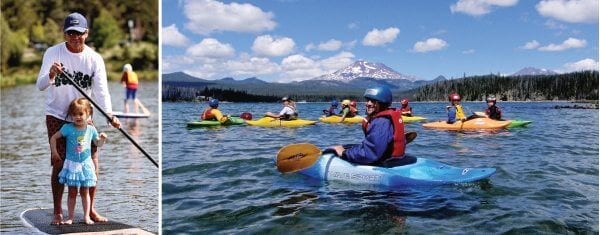 Surfing legend Gerry Lopez guides a paddleboarder-in-training during a free paddle day on the Deschutes River. Campers at Tumalo Creek & Kayak get comfortable with kayaks out on the water at Elk Lake.