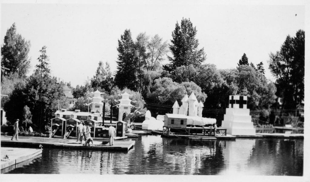 An undated photo of elaborate floats that highlighted the now defunct Water Pageant.