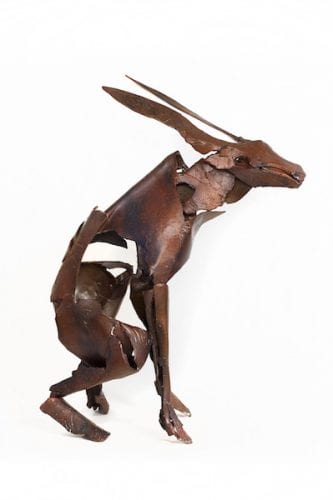 Bronze sculpture of a hare created by artist Danae Miller.