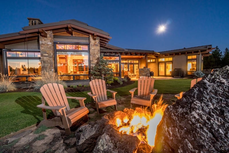 A fire feature built into a home's landscaping in Bend, Oregon