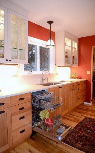 A kitchen remodel in Old Bend included saving space with European-sized appliances.