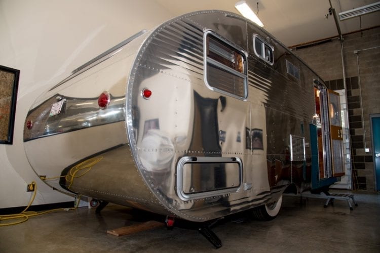 The outside of the Neutron, a vintage-inspired camping trailer from Flyte Camp.