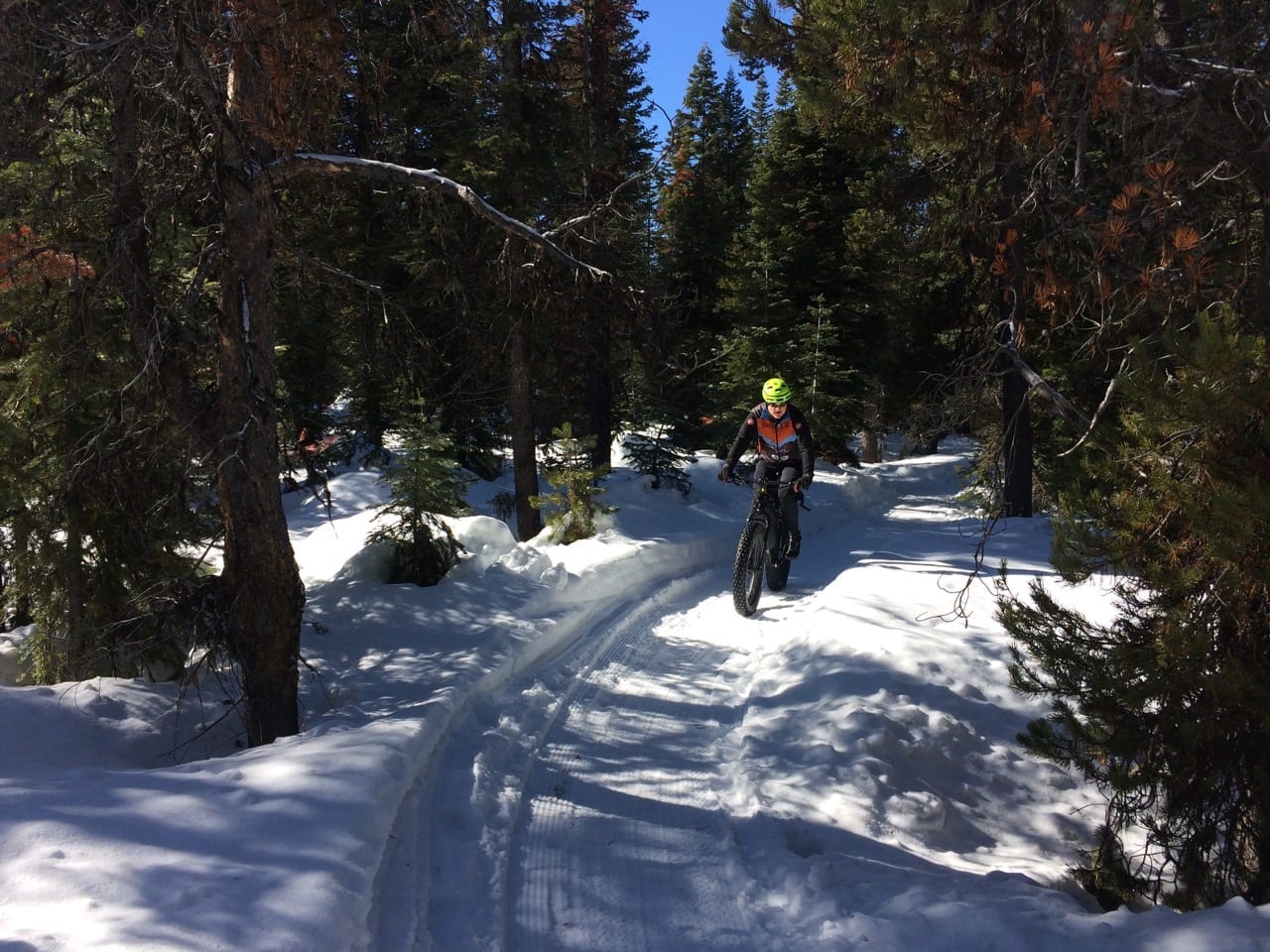 Fat biking on the groomed trails at Wanoga Sno-Park in Bend, Oregon