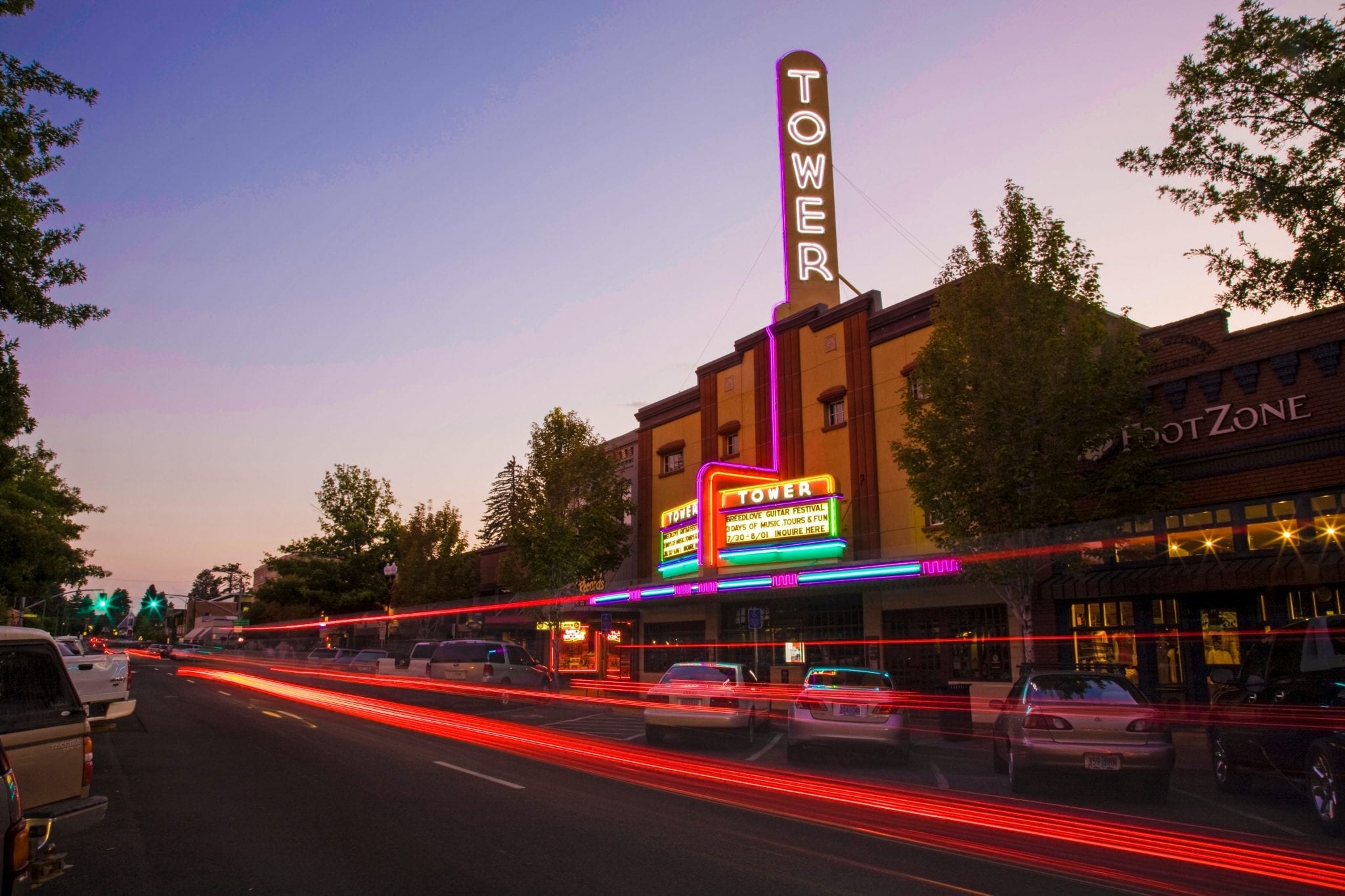 Historic Tower theater and shops on Wall Street in Downtown Bend Oregon.