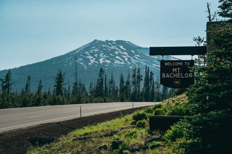 Welcome to Mt. Bachelor sign with Mt. Bachelor in the background