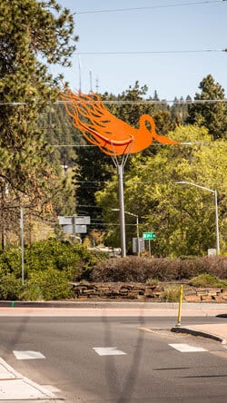 Flaming Chicken, art in Bend roundabout