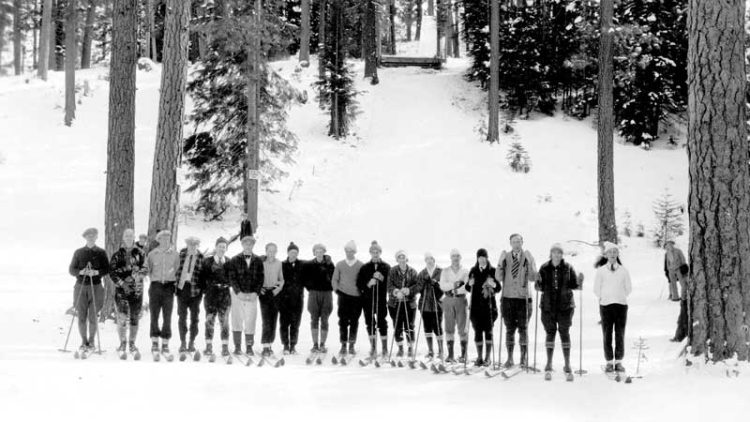 The Bend Skyliners at the original McKenzie Pass ski area jump site in 1930