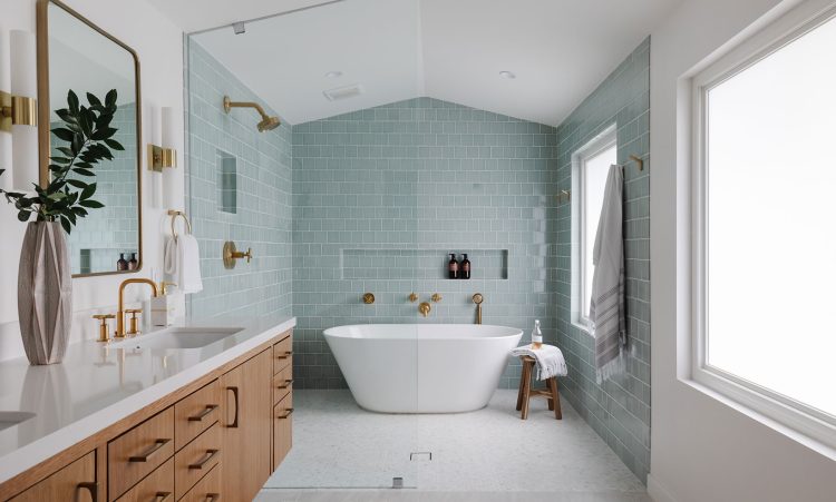 Light turquoise open wet room bathroom design