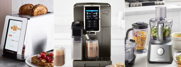 A Revolution Toaster, DeLonghi Espresso Machine and a Cuisinart Food Processor