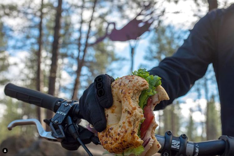 Big O Bagel sandwich while mountain biking Phil's Trail