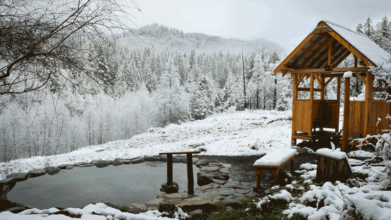 Breitenbush Hot Springs covered in snow