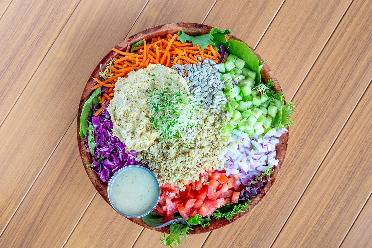 Hummus and Quinoa bowl from above