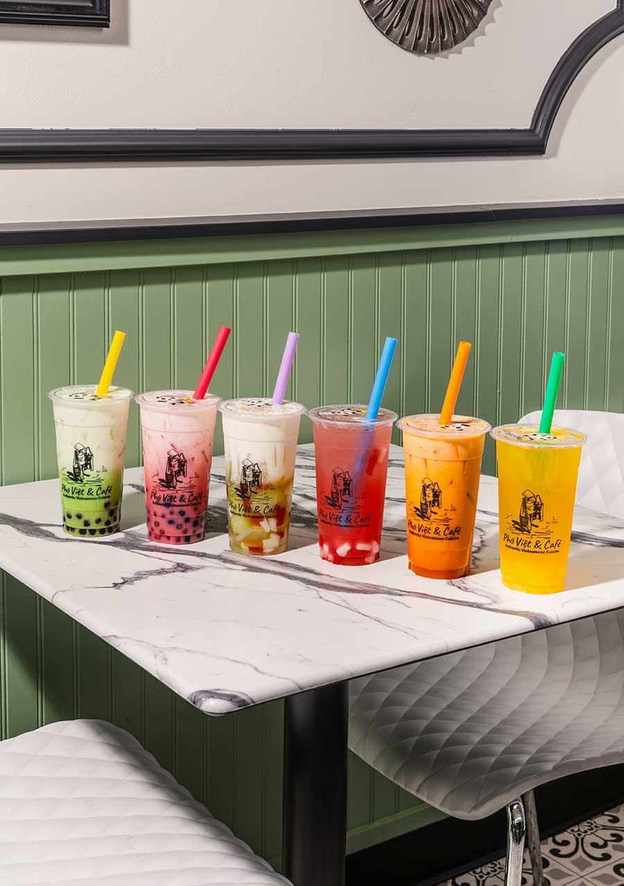 Pho Viet boba drinks lined up on table