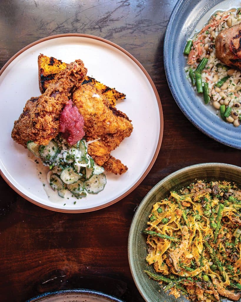 Fried Chicken and entrees from overhead at Drake