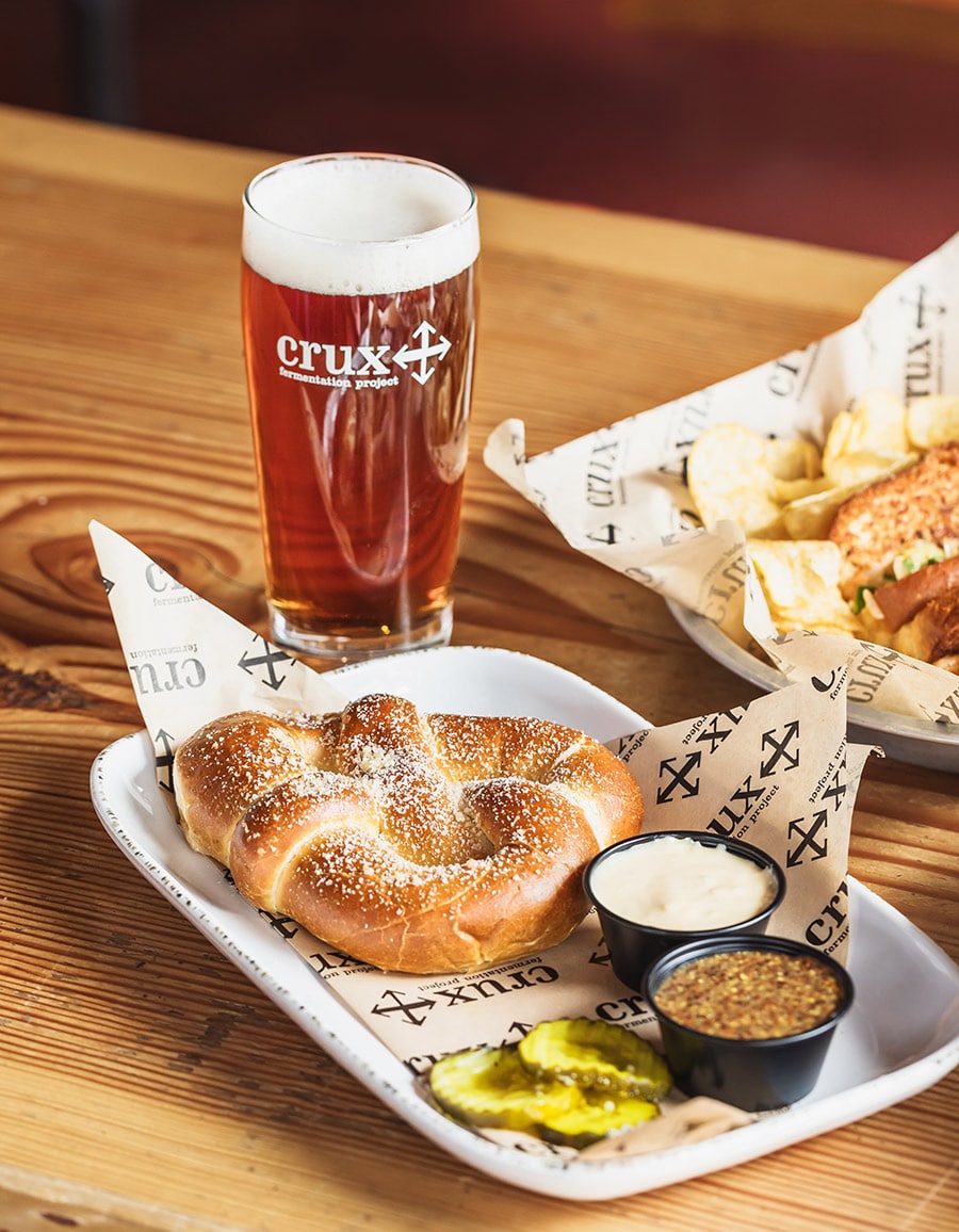 Beer and pretzel at Crux Brewery in Bend