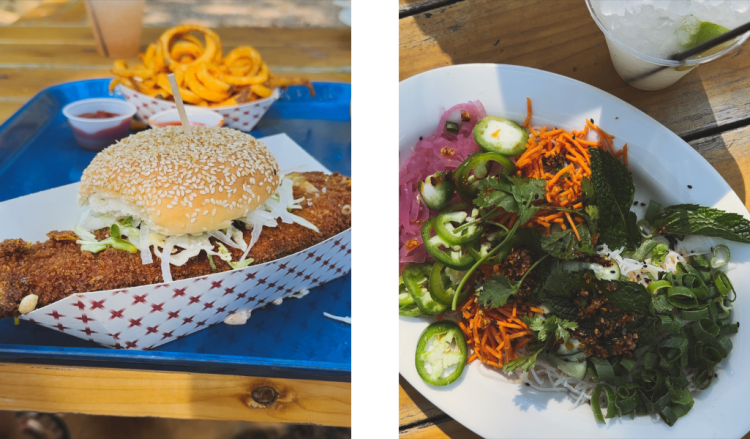 Fish and Chip Sandwich and Cold Sesame Noodles at the Boathouse at Suttle Lake Lodge.