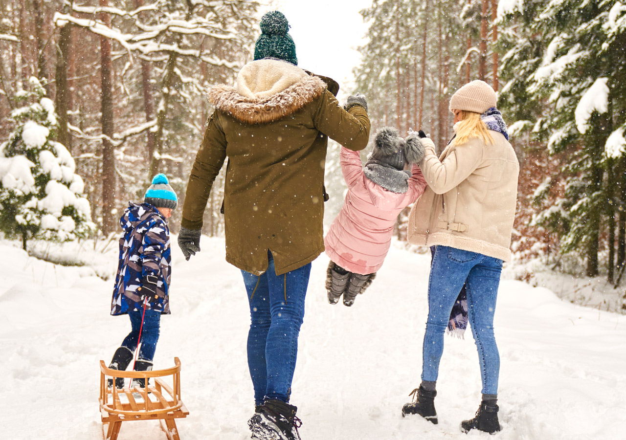 family walking in snow with sled