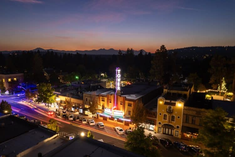 Aerial view above the Tower Theatre in Bend, Oregon at night