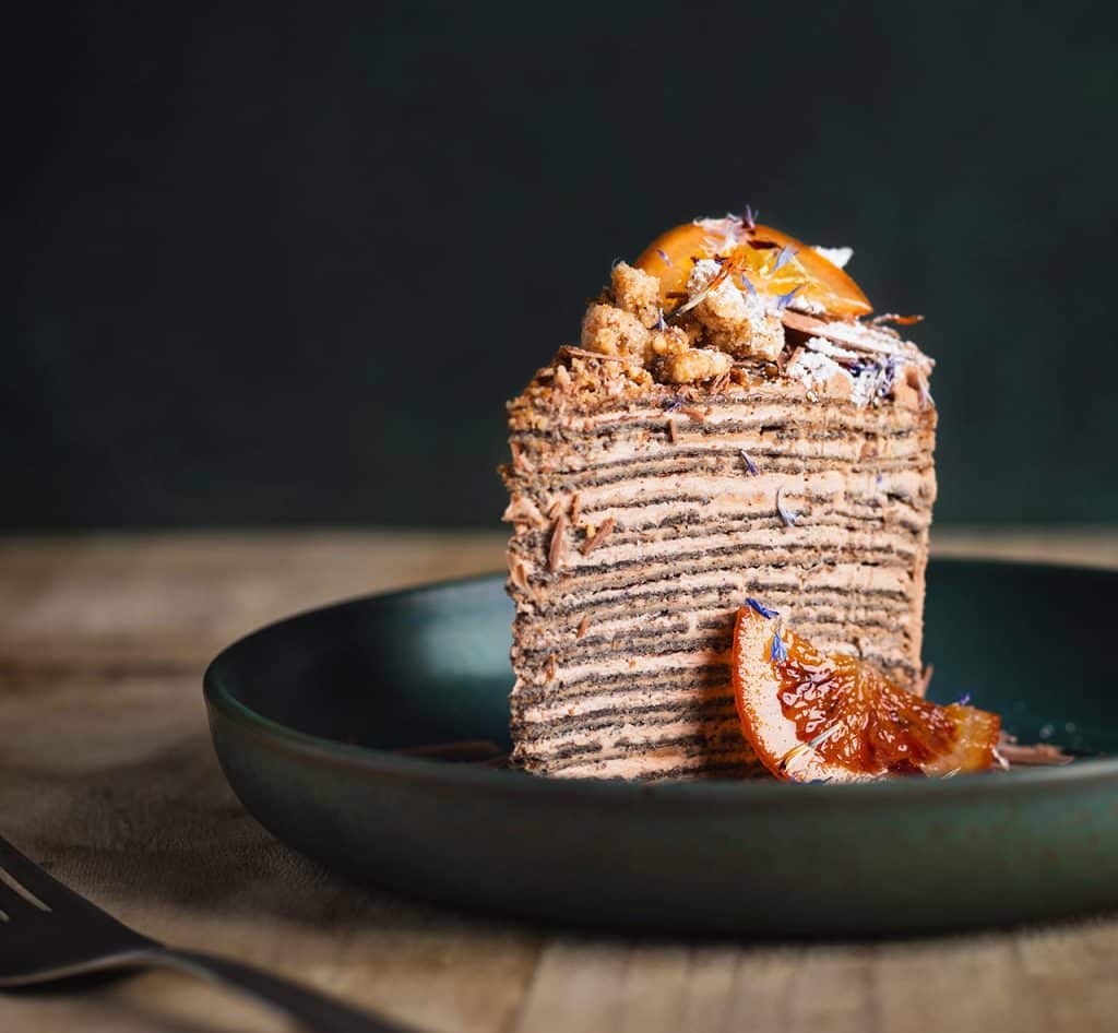 Cut Slice of the Buckwheat Crepe Cake by Foxtail Bakeshop