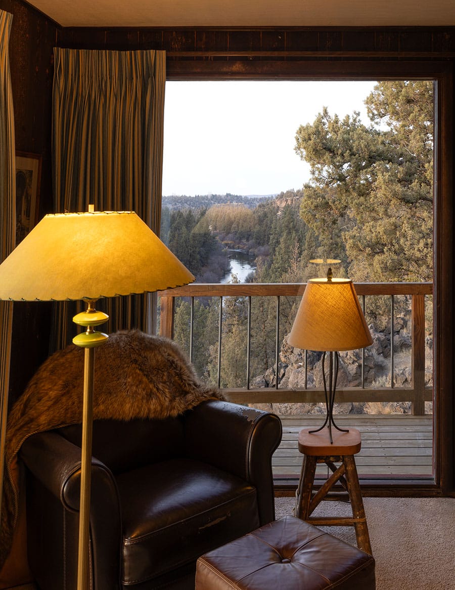 view of Deschutes River out Skip Frank’s Cabin Window