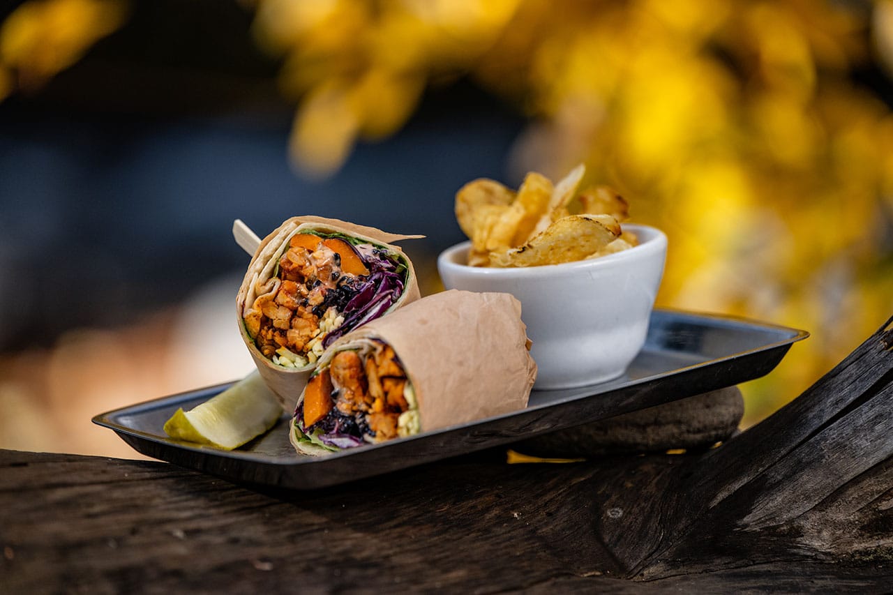 wrap and chips on platter from Luckeys-Woodsman