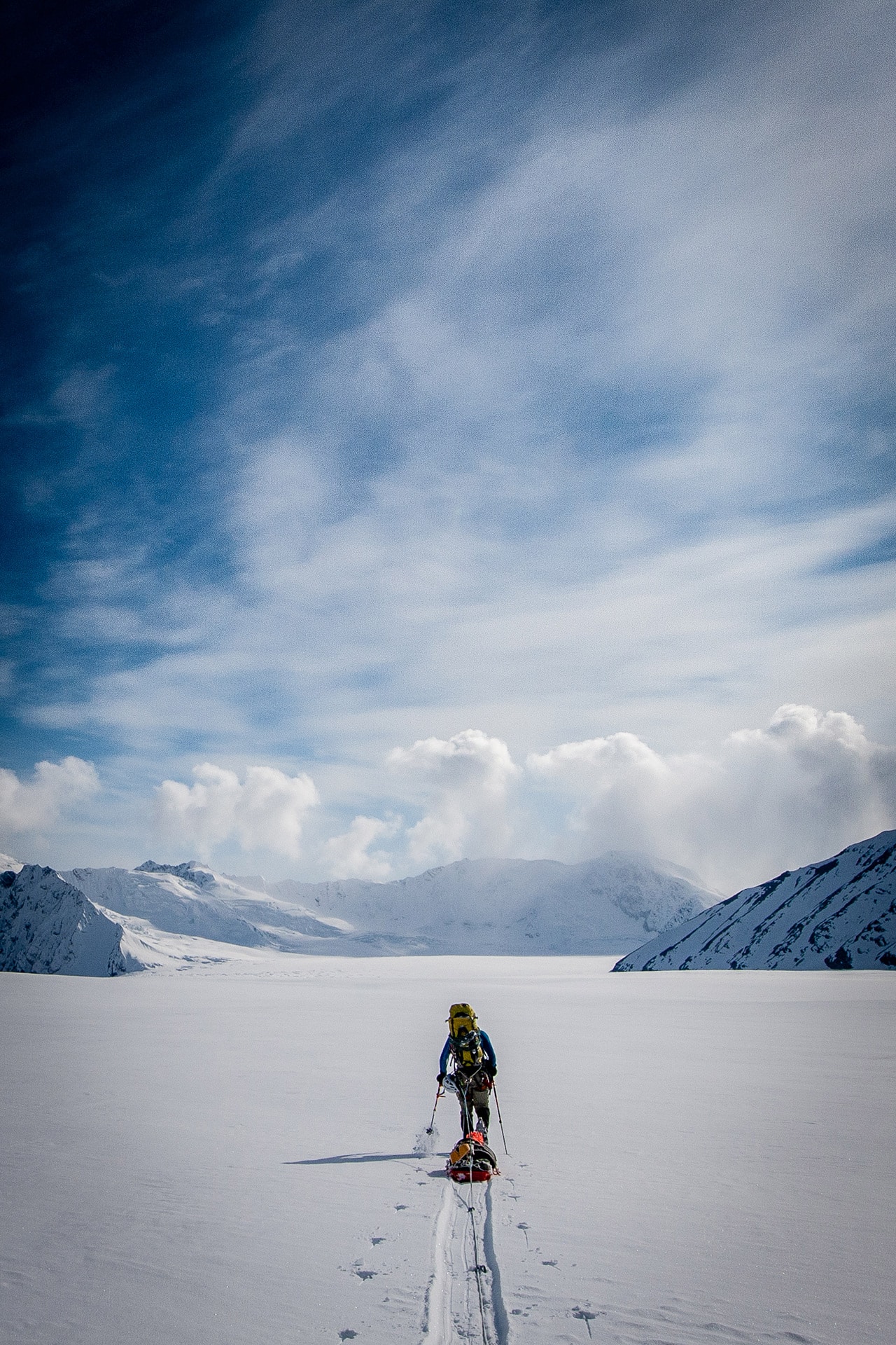 Mark Allen appraoching- he NW Fork of the Lacuna Glacier of AK