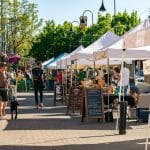 Man with dog walking at Bend Farmers Market