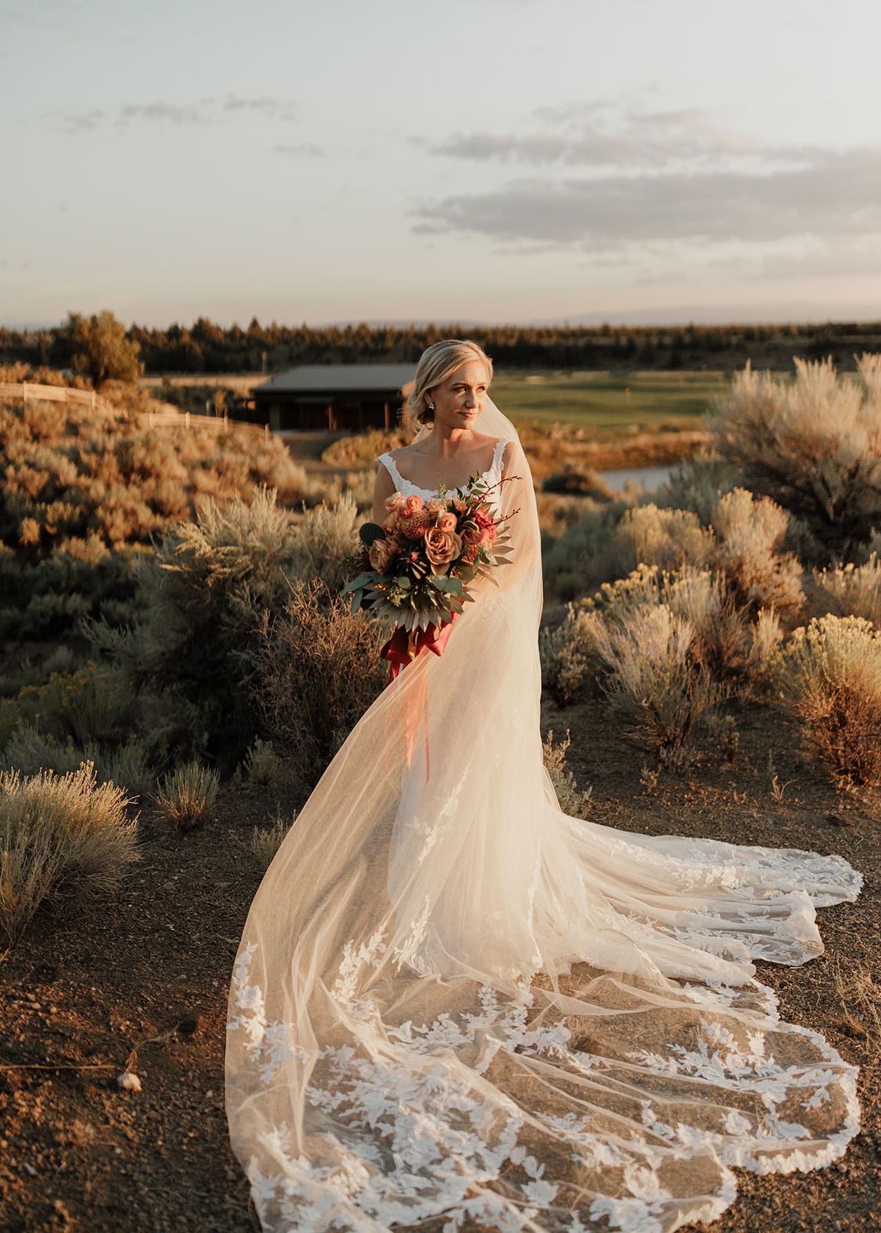 Bride looking into sun outside