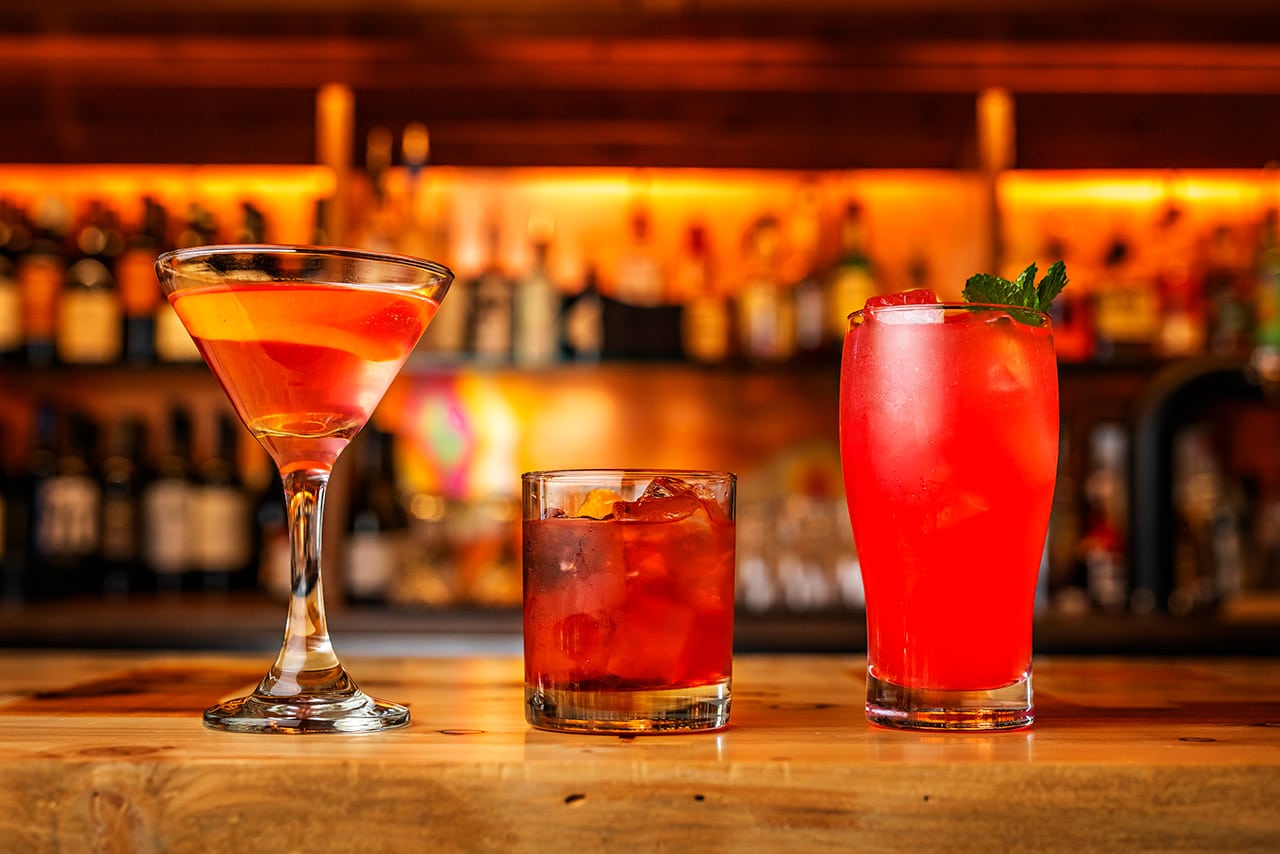 cocktails on the bar at lake creek lodge