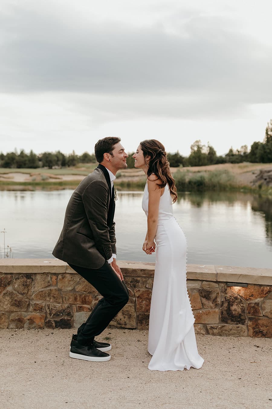 Wedding couple looking at each other at pronghorn