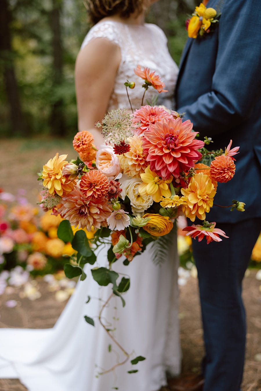 Wedding couple close with flowers.