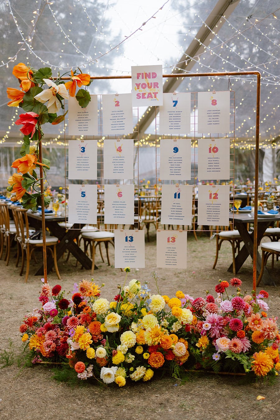 Seating chart tags above flowers