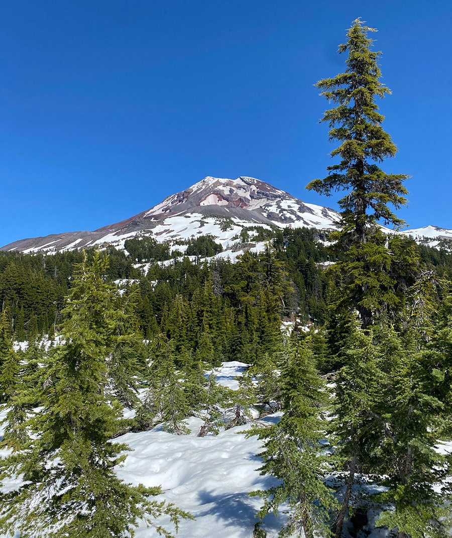 snow on the pct trail with mountain views