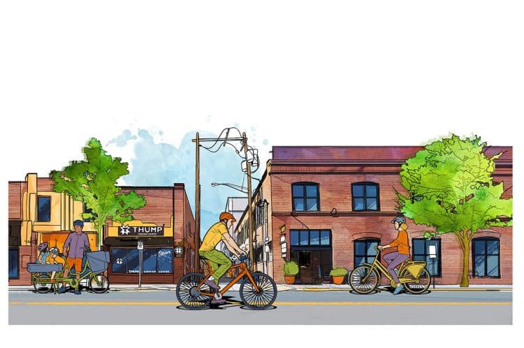 illustration of bikers in Bend downtown