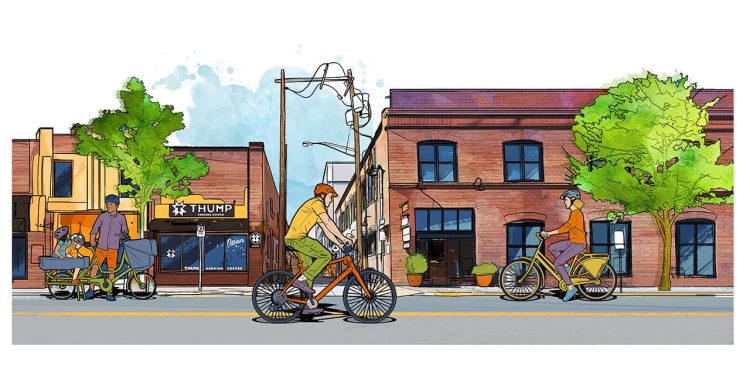 illustration of bikers in Bend downtown