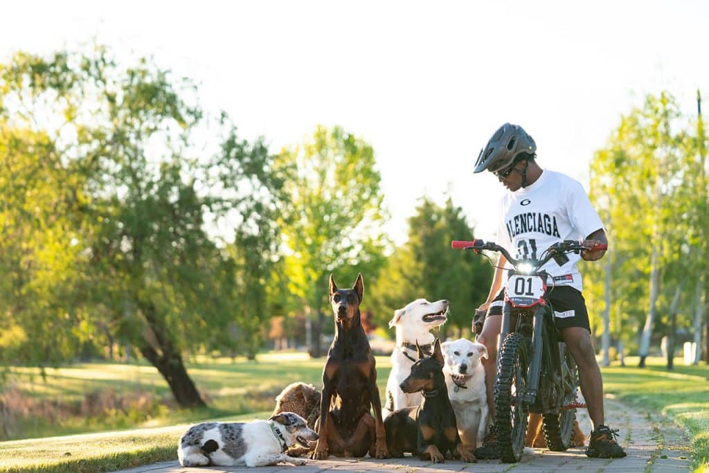 Justin on bike and dogs laying down