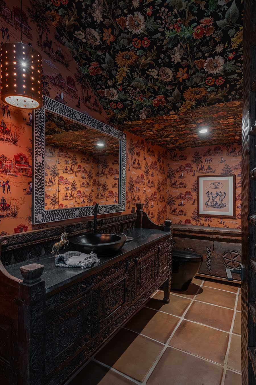 Varekai Ranch bathroom with wallpaper and mirrors in Tumalo