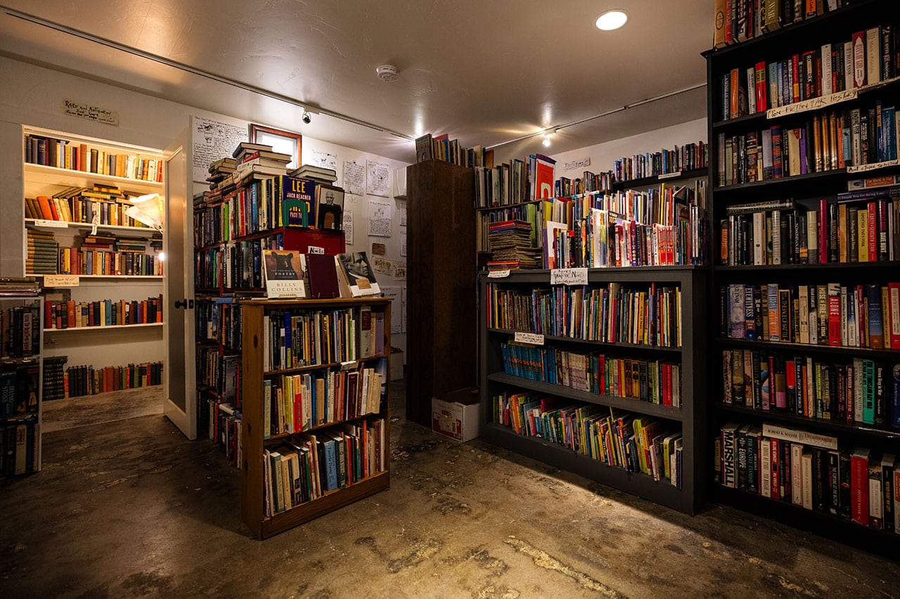 Rows of shelved books