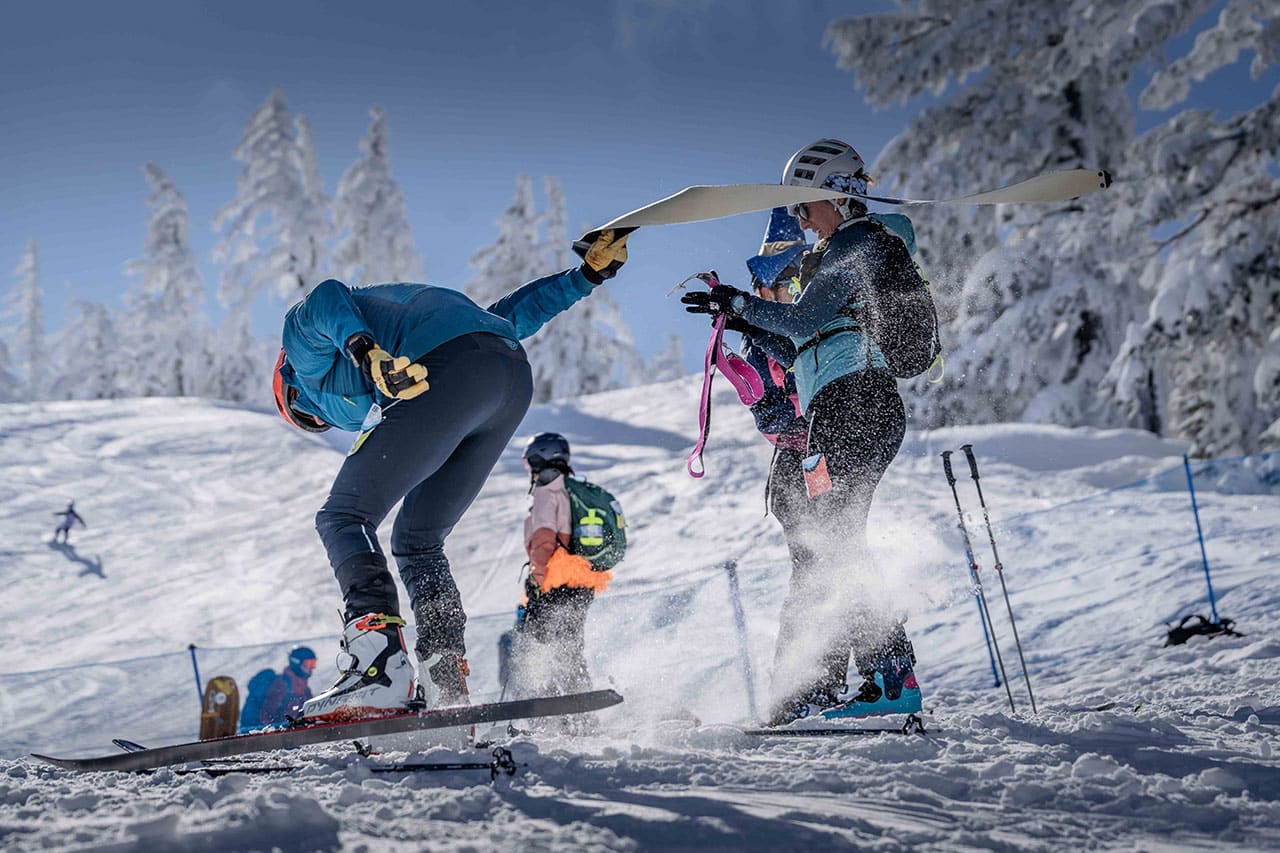 Skimo ripping skins off skis