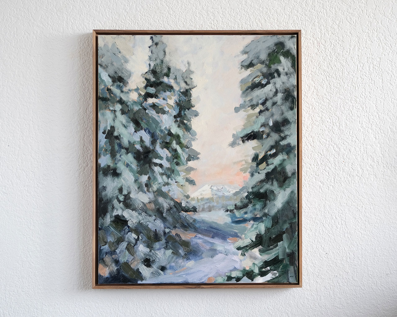 Jen McCaffrey painting of snowy woods in Bend