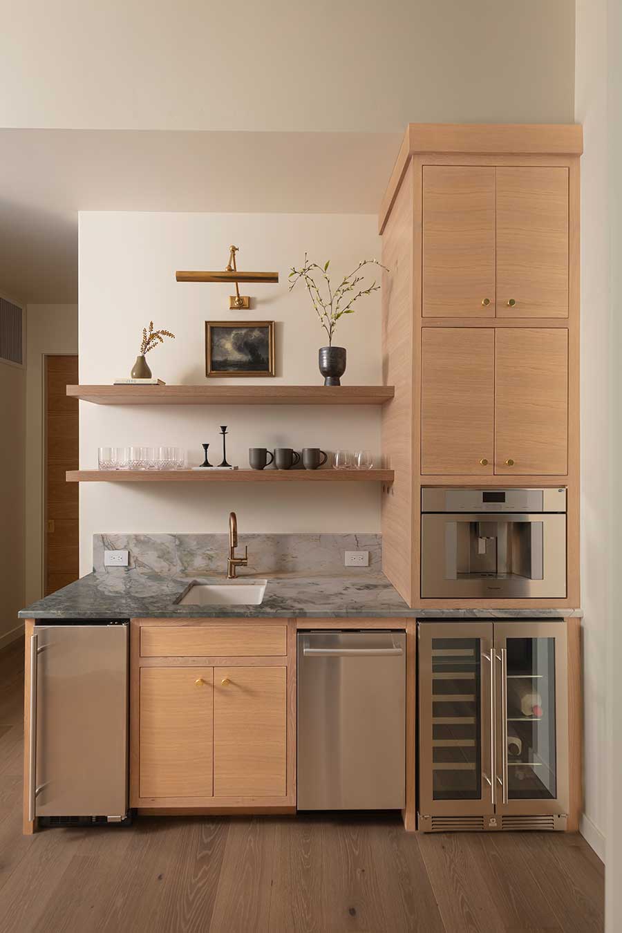 Likens Interior Design coffee bar sink with marble countertop and inset oven