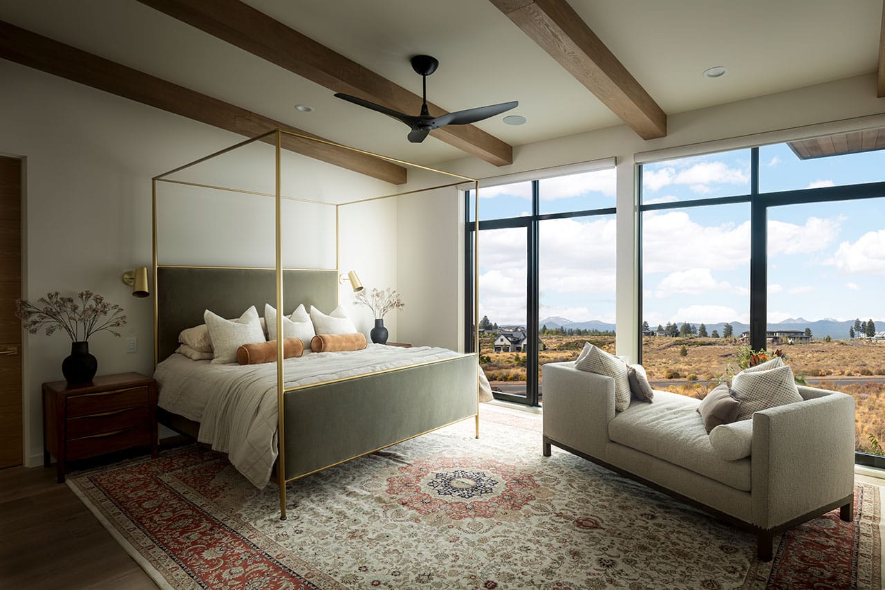 Likens Interior Design bedroom with floor to ceiling windows of views outside