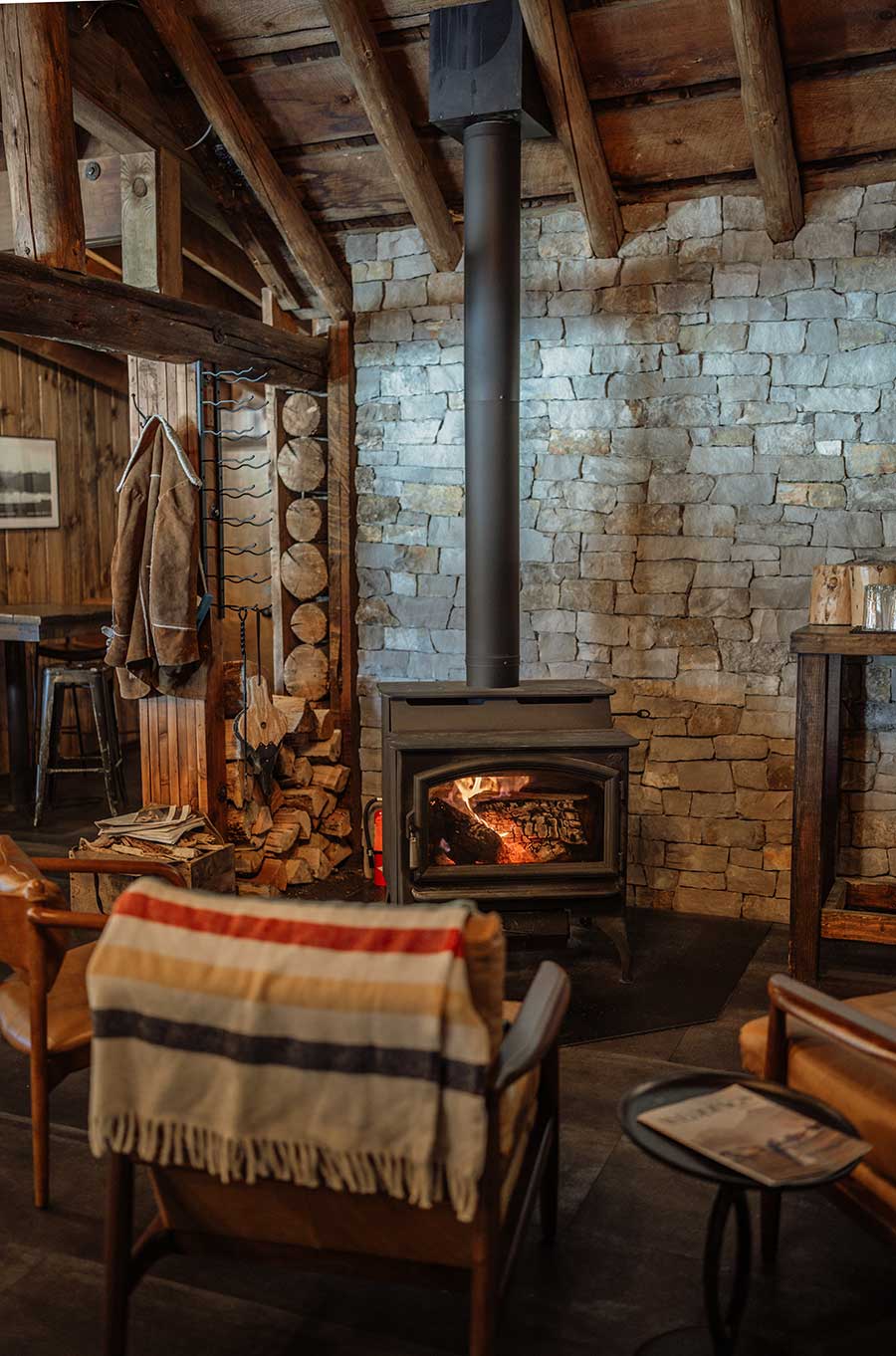 Elk lake resort interior with fireplace