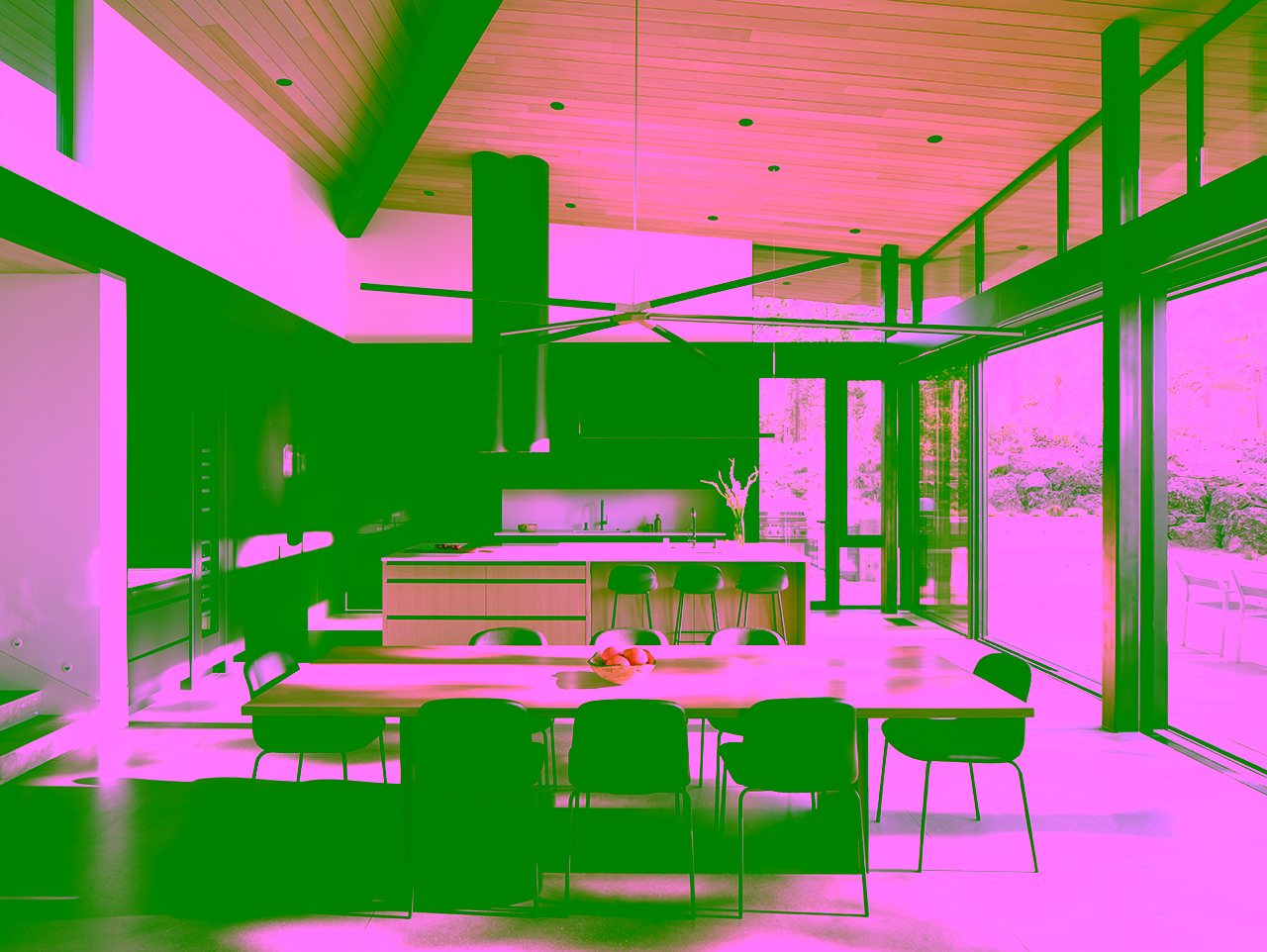 Kitchen with black metal beam and wood ceiling in modern Bend home