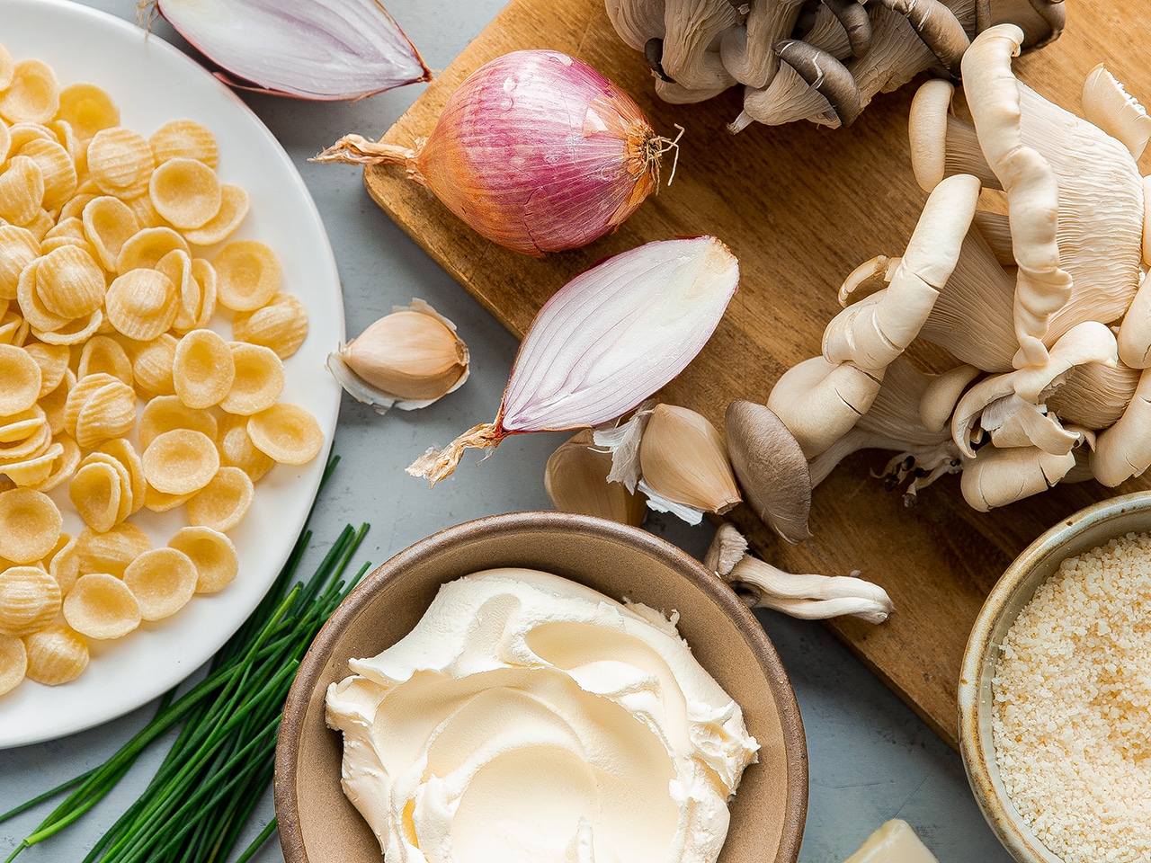 The ingredients to make Laura Davidson’s Creamy Mushroom Orecchiette with Mascarpone