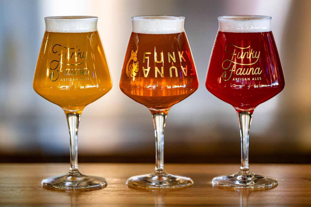 3 Funky Fauna Artisan Ales poured to show color