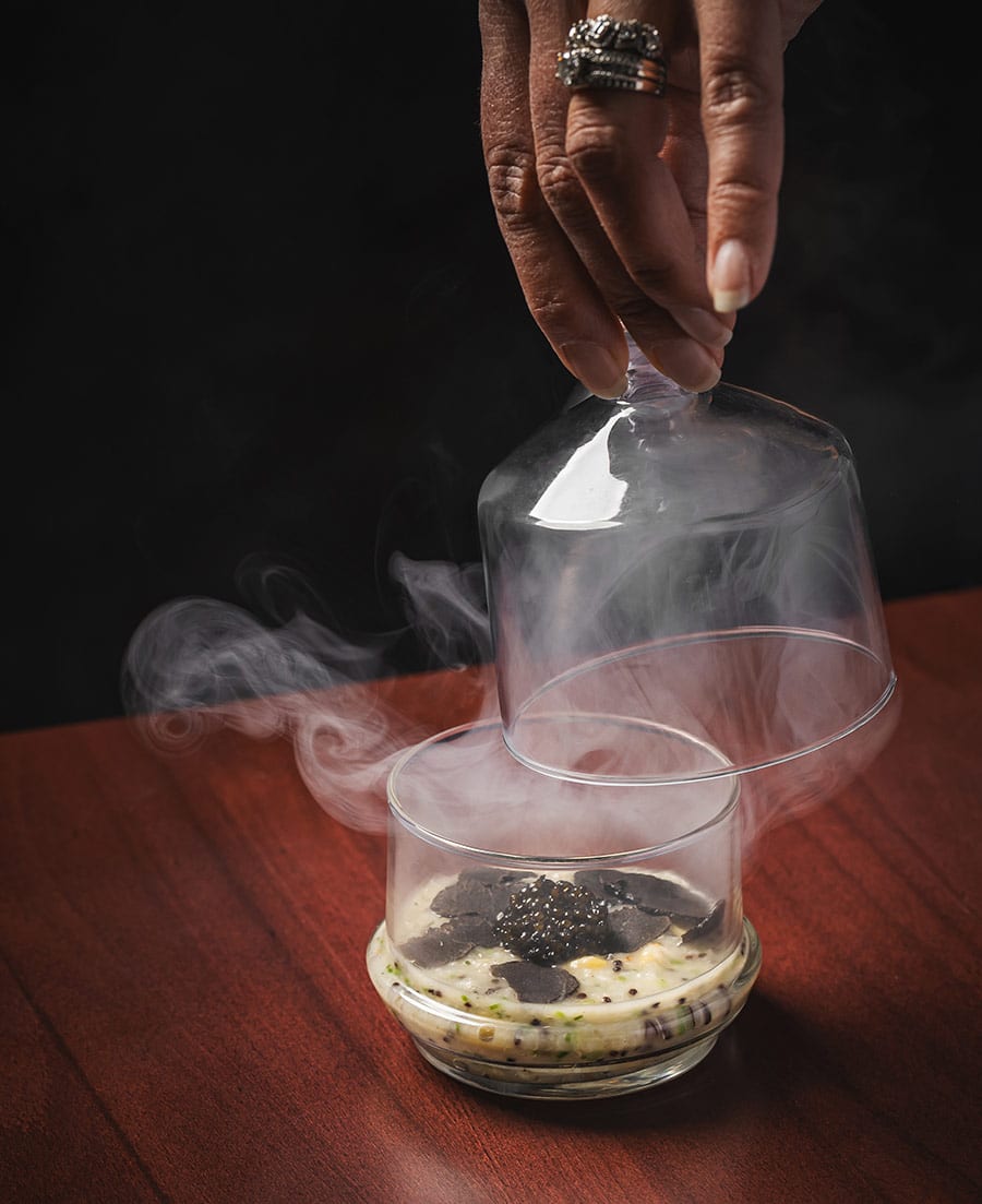 Steaming caviar at yoli in Bend